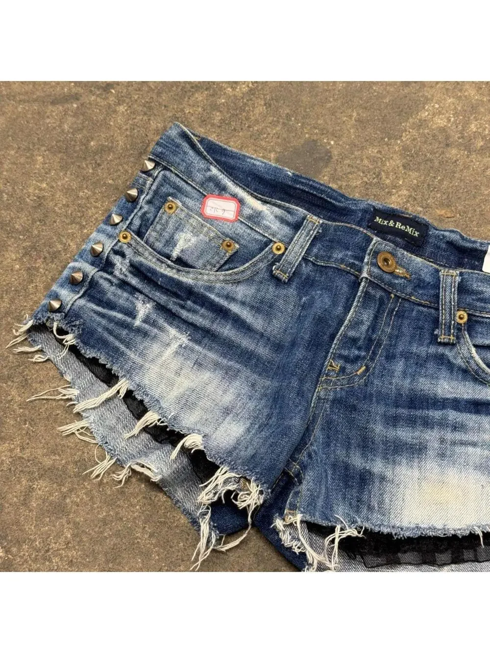 Vintage Y2K Low Rise Denim Micro Shorts Faded Spiked - Picture 2 of 8